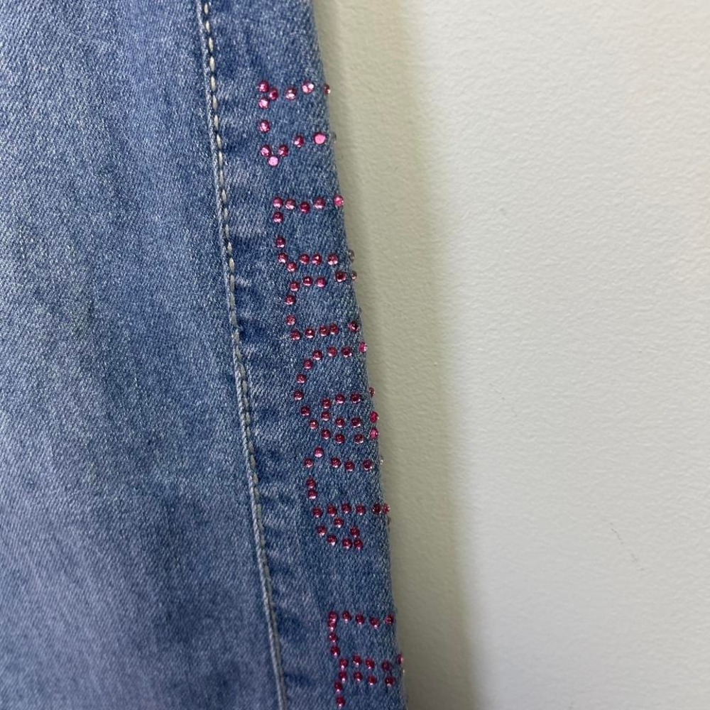 True Religion Leila Kids Blue Wide Leg Jeans Pink Rhinestone Logo Size 10 NWT - Picture 3 of 8